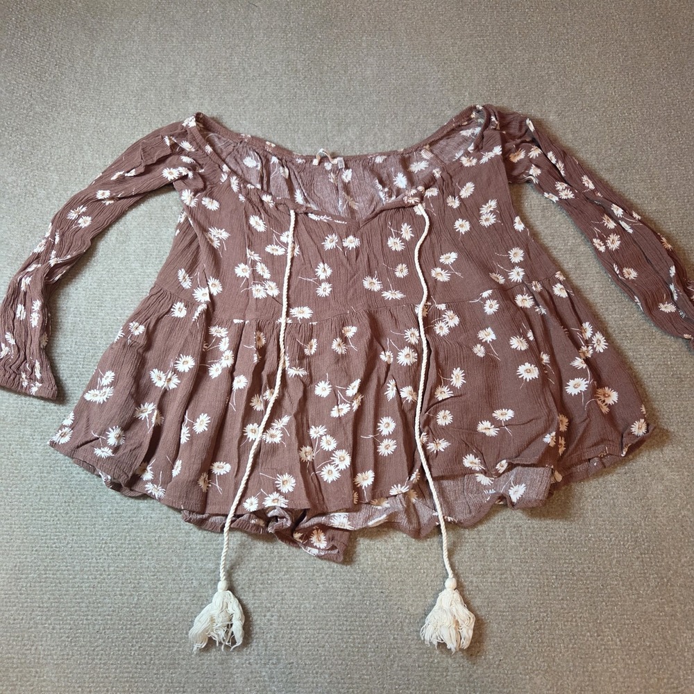Francescas Mi Ami Brown Daisy Floral Peplum Off Shoulder XS peasant fairycore